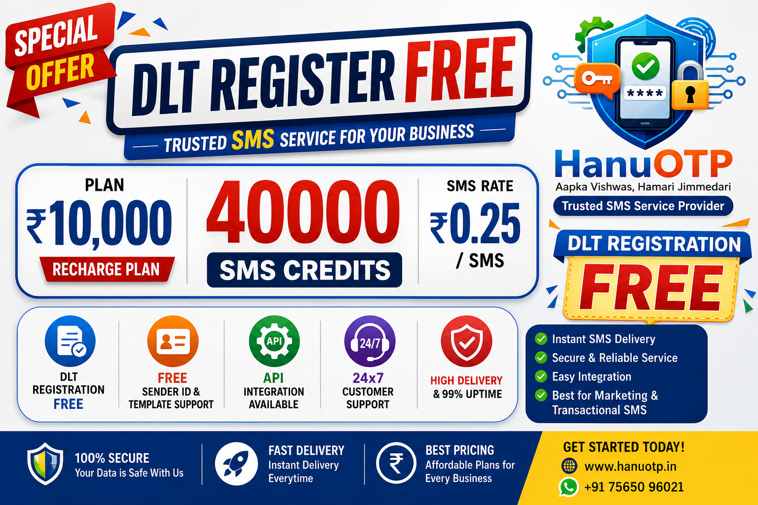 DLT Registration FREE Offer – Get 40,000 SMS at Just ₹0.25/SMS with HanuOTP.in